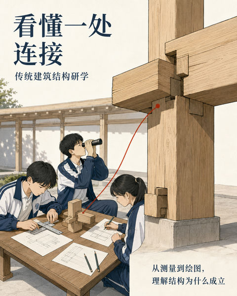 榫卯之美：传统木构建筑测绘研学海报 - AI图片提示词示例