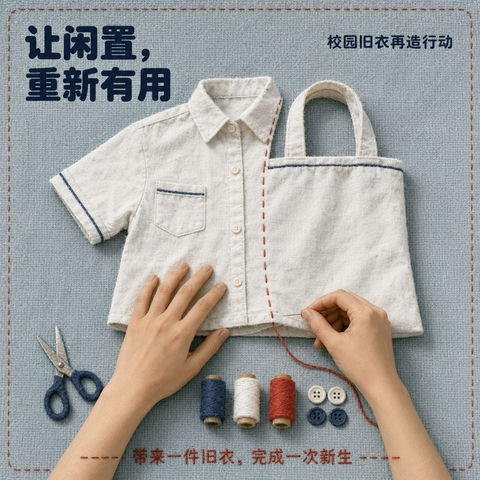 羊毛毡织物拼布：旧校服改造公益海报 - AI图片提示词示例