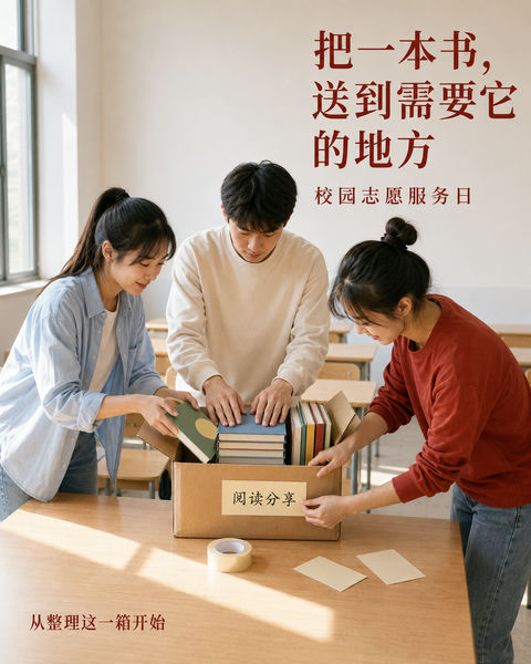 晨光里的校园志愿：那一箱装满希望的书 - AI图片提示词示例