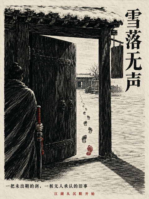 极简武侠木刻海报：雪落无声 - AI图片提示词示例