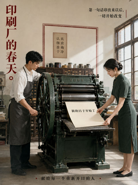 印刷厂的春天：新纪元的铅字破晓 - AI图片提示词示例