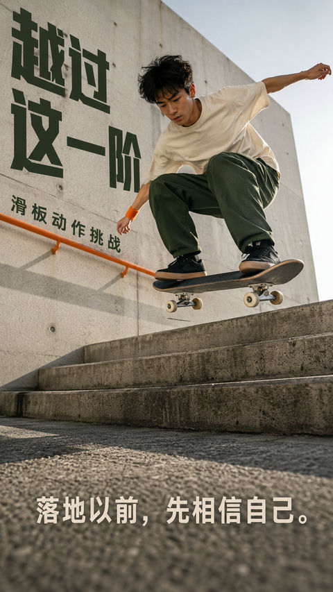 街头瞬间：越过这一阶的腾空艺术 - AI图片提示词示例