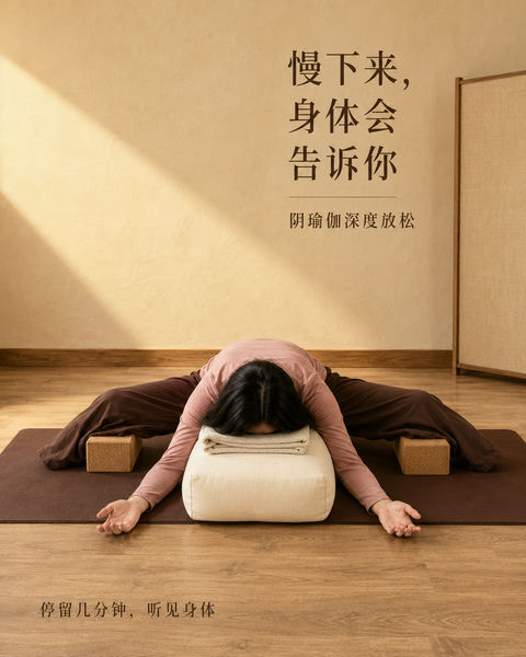 慢下来身体会告诉你：阴瑜伽深度放松海报 - AI图片提示词示例