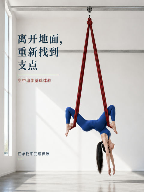 离开地面重新找到支点：现代空中瑜伽海报 - AI图片提示词示例