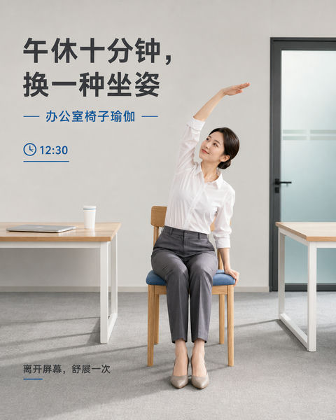 职场午休十分钟：椅子瑜伽侧向伸展海报 - AI图片提示词示例