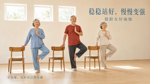 银龄瑜伽海报：稳稳站好慢慢变强 - AI图片提示词示例
