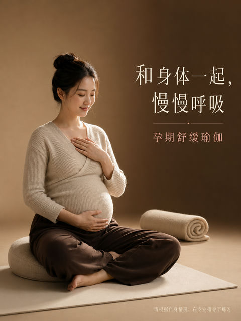 极简奢华暖色系孕期舒缓瑜伽海报设计 - AI图片提示词示例
