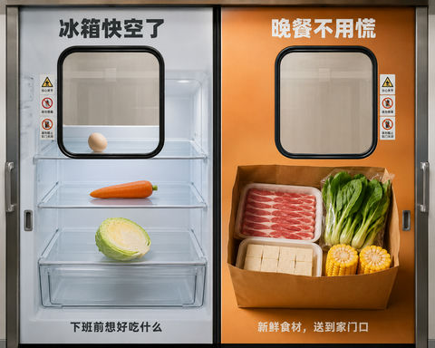 地铁双开门生鲜配送冷暖对比创意广告 - AI图片提示词示例