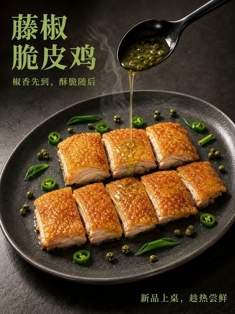 椒香油淋藤椒鸡：外酥里嫩的视觉盛宴 - AI图片提示词示例