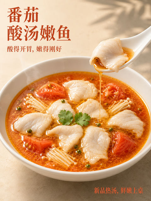 番茄酸汤嫩鱼现代川菜新品海报 - AI图片提示词示例