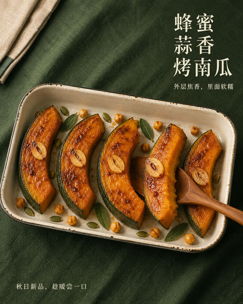 蜂蜜蒜香烤南瓜秋季新品海报 - AI图片提示词示例