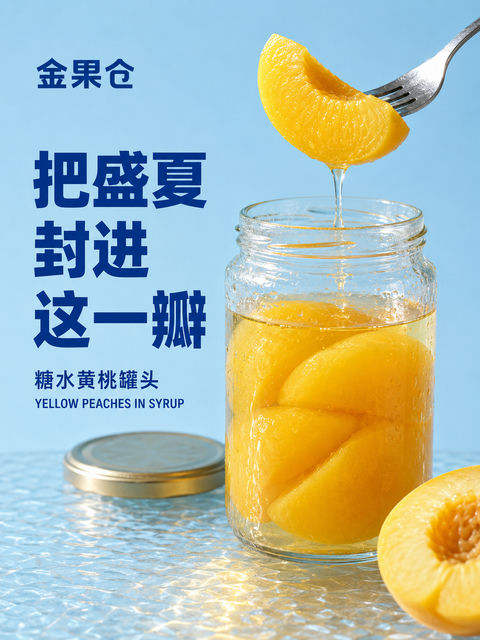 金果仓盛夏糖水黄桃罐头视觉海报 - AI图片提示词示例