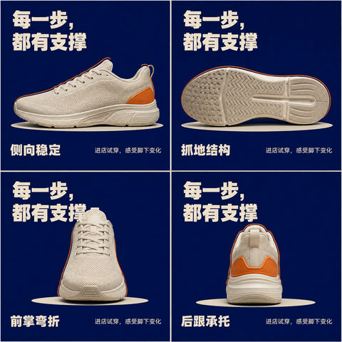 极简工业风商场吊装四面屏运动鞋广告设计 - AI图片提示词示例