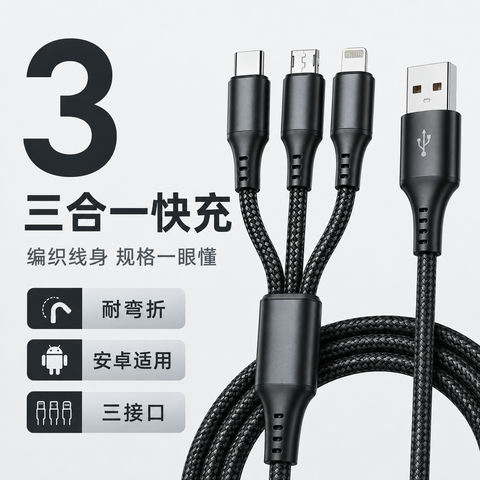 曜石黑三合一耐弯折编织快充线主图 - AI图片提示词示例