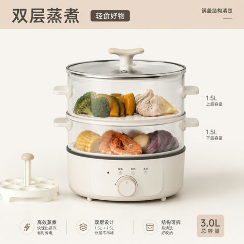 极简双层电煮锅：健身轻食通勤首选 - AI图片提示词示例