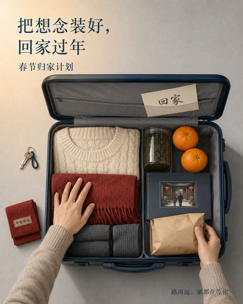 装满思念与乡愁的春节归家行李箱 - AI图片提示词示例