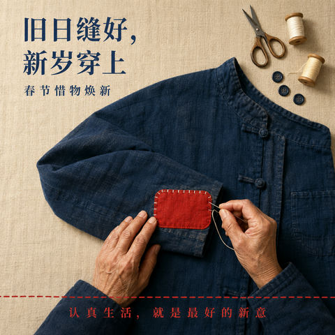 旧衣焕新缝补岁月温情春节海报 - AI图片提示词示例
