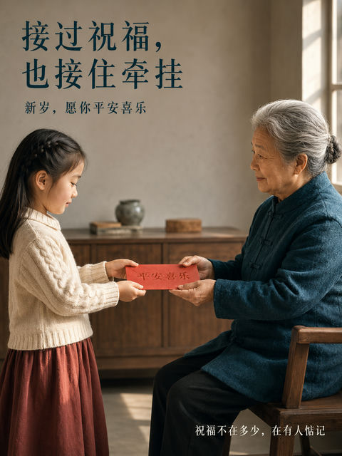 接过祝福也接住牵挂：春节情感极简海报 - AI图片提示词示例