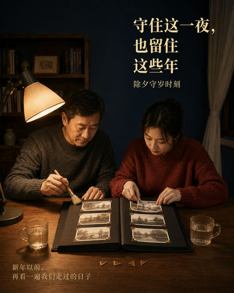 父女共修旧相册温馨除夕守岁 - AI图片提示词示例
