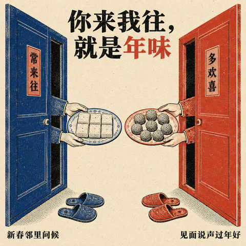 孔版印刷风邻里温情互送点心海报 - AI图片提示词示例