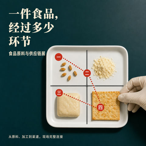 工业级极简风食品供应链全流程纪实海报 - AI图片提示词示例