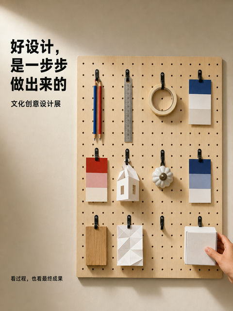 真实工作间洞洞板创意设计展海报 - AI图片提示词示例