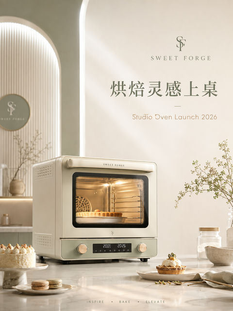 极简主义陶瓷釉面烘焙烤箱品牌海报 - AI图片提示词示例