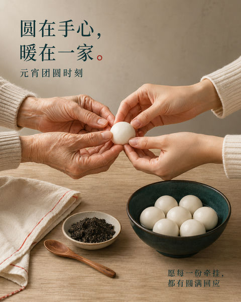 圆在手心暖在一家元宵情感海报 - AI图片提示词示例
