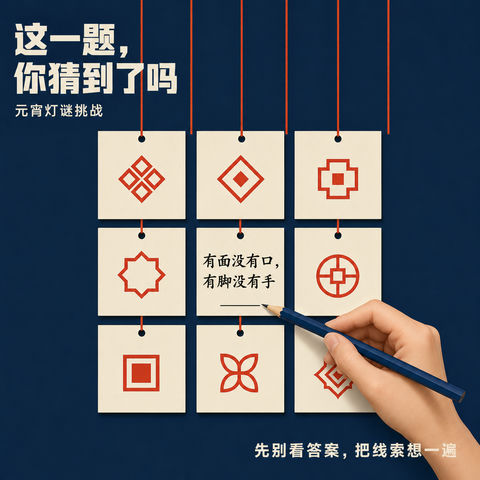 极简几何风靛蓝朱红元宵猜灯谜海报 - AI图片提示词示例