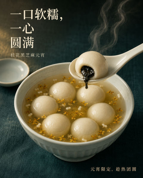 桂花浮玉黑芝麻元宵中式美学海报 - AI图片提示词示例