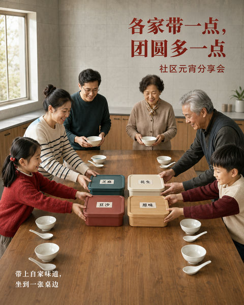 暖心邻里元宵分享纪实海报 - AI图片提示词示例