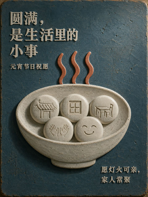 手工陶泥浮雕元宵节圆满生活海报 - AI图片提示词示例