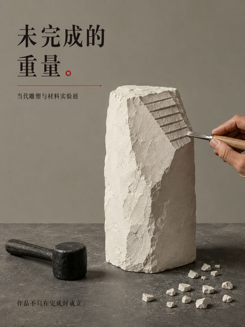 未完成的重量当代雕塑展海报 - AI图片提示词示例