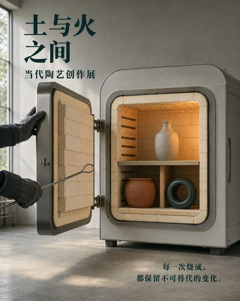 土与火之间：现代陶艺工作室开窑瞬间海报 - AI图片提示词示例