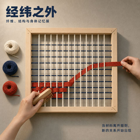 经纬之外：纤维艺术展极简主义构图海报 - AI图片提示词示例