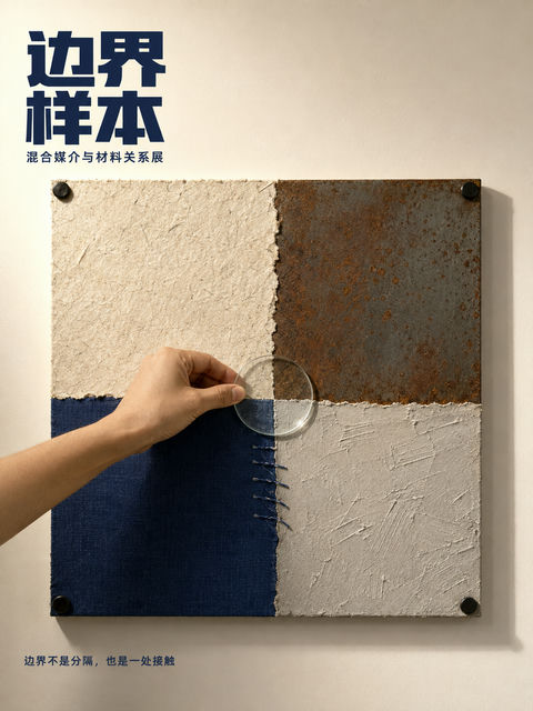 边界样本混合媒介艺术展海报设计 - AI图片提示词示例