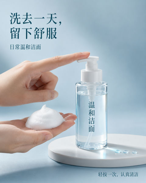 雾蓝极简美学：温和洁面商业海报 - AI图片提示词示例