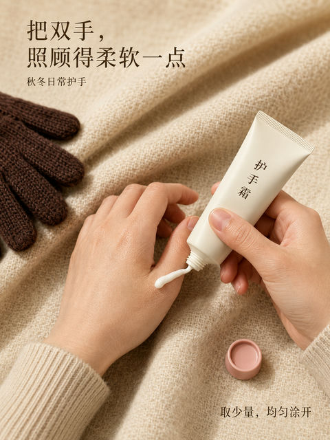 暖冬燕麦色柔光护手霜微距海报 - AI图片提示词示例