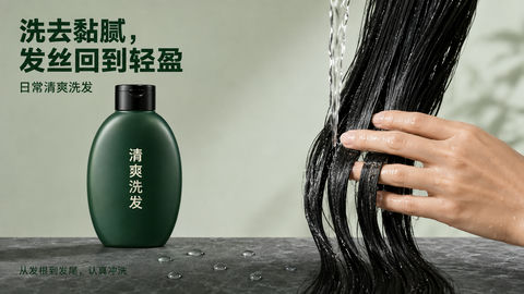 极简深绿洗发产品清爽海报设计 - AI图片提示词示例
