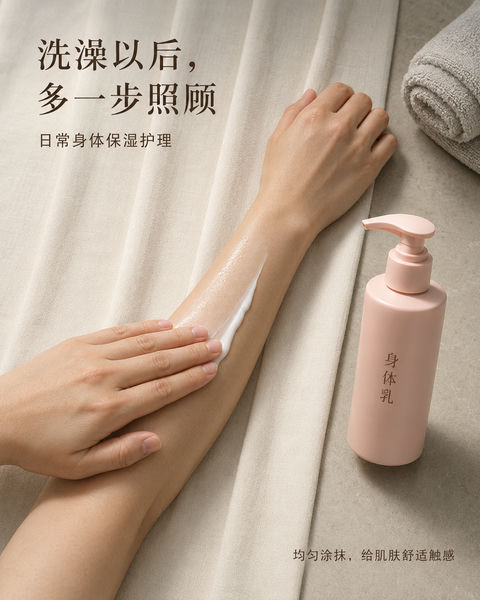 极简主义身体乳护理微距海报 - AI图片提示词示例