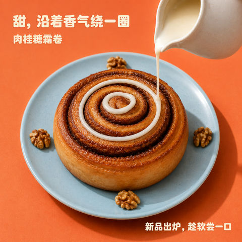 珊瑚橘色调肉桂卷烘焙新品海报 - AI图片提示词示例