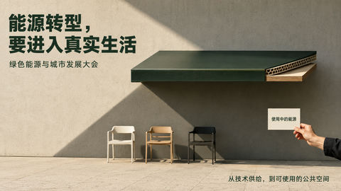 日光映射下的绿色能源建筑美学海报 - AI图片提示词示例