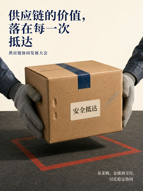 极简工业风供应链大会写实商业海报 - AI图片提示词示例