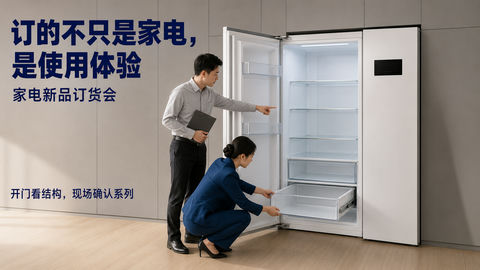 极简嵌入式冰箱家电订货会海报设计 - AI图片提示词示例