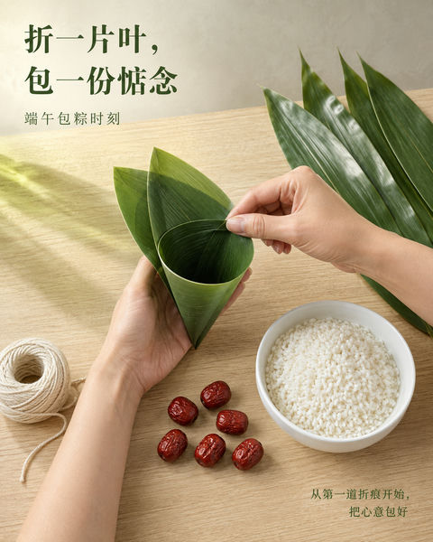 端午手作美学：折叶包粽的慢时光 - AI图片提示词示例