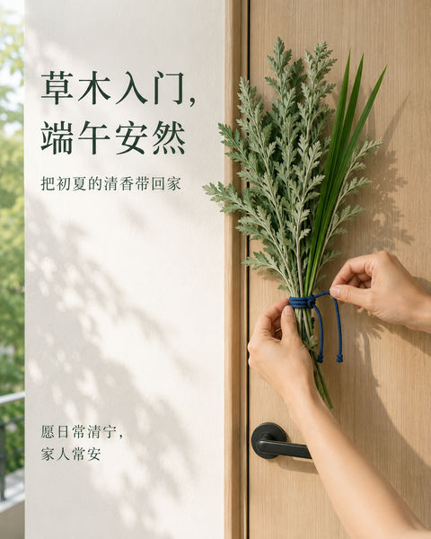 极简端午现代公寓挂艾草海报 - AI图片提示词示例