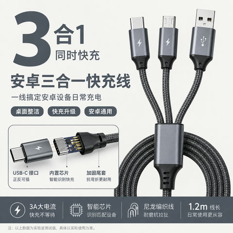 极简硬核三合一快充数据线天猫搜索主图 - AI图片提示词示例