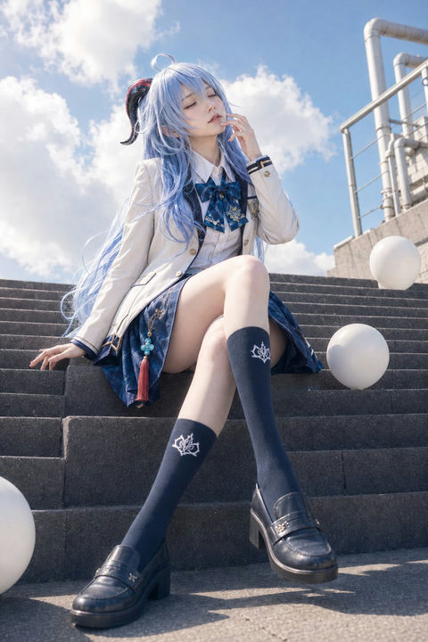 夏日蓝天低机位清透人像摄影写真 - AI图片提示词示例