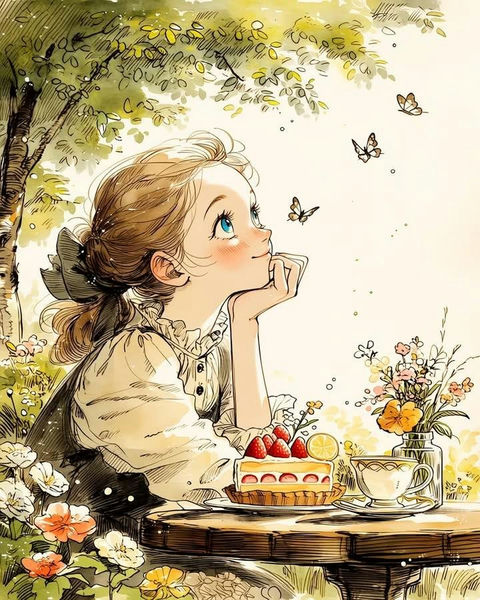 欧式复古绘本风森林茶会少女水彩插画 - AI图片提示词示例