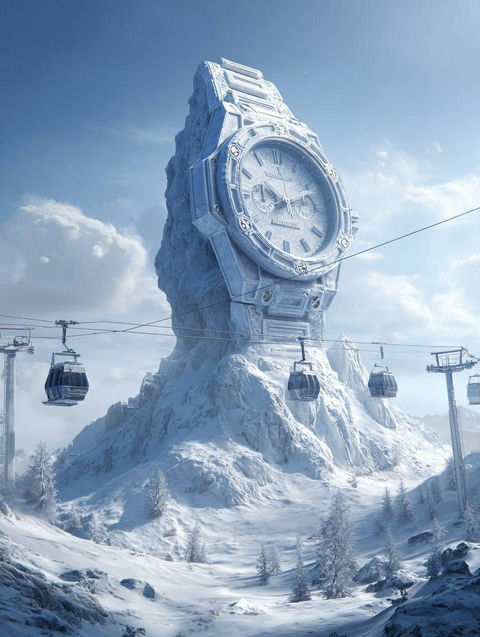 巨型山峰造型冰雪建筑与滑雪缆车 - AI图片提示词示例